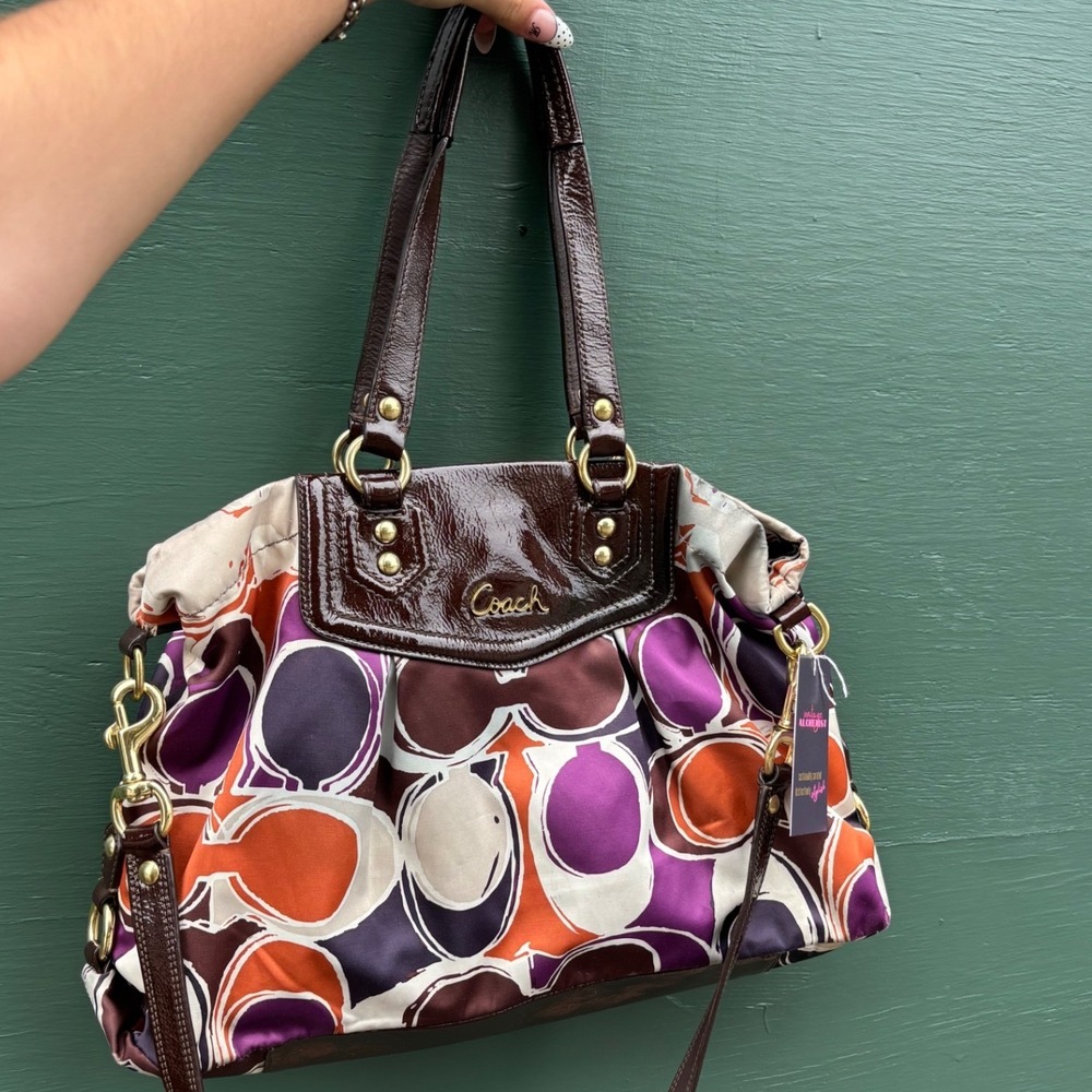 Coach Poppy Signature Sateen Applique Satchel Purple Orange Brown F20118 Womens